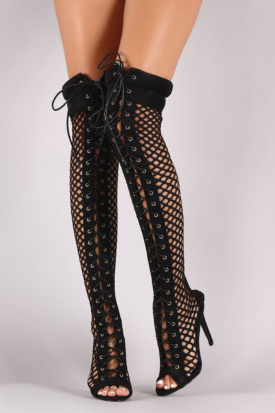 Suede Fishnet Lace Up Stiletto Heeled Over-The-Knee Boots