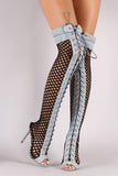 Denim Fishnet Lace Up Stiletto Heeled Over-The-Knee Boots