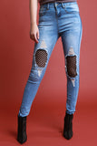 Distressed Fishnet Panel High Waist Skinny Denim Jeans