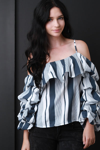 Stripe Ruched Statement Sleeve Blouse Top