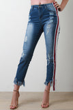 Side Striped Frayed Hem Denim Jeans