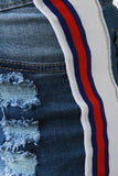 Side Striped Frayed Hem Denim Jeans