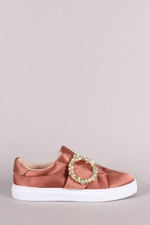 Qupid Jewels Embellished Buckle Strap Satin Low Top Sneaker