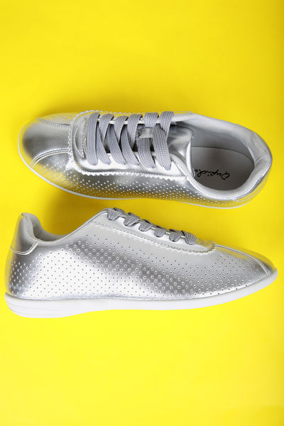 Qupid Perforated Metallic Lace-Up Sneaker