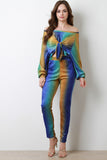 Velvet Tie Dye Bardot Crop Top With High Rise Pants Set