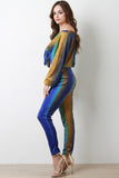 Velvet Tie Dye Bardot Crop Top With High Rise Pants Set