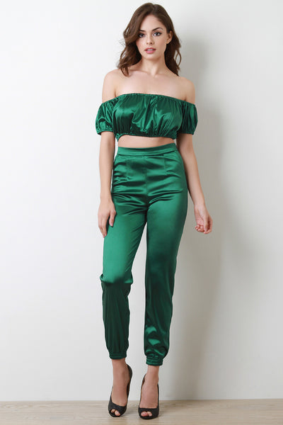 Satin Off The Shoulder Crop Top With High Waisted Pants