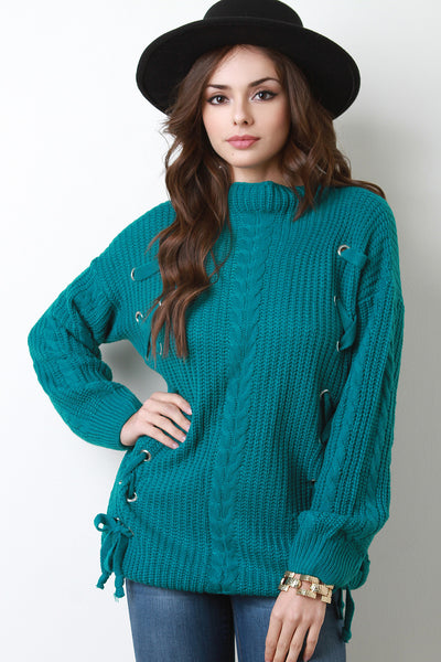 Eyelet Lace-Up Cable Knit Sweater Top