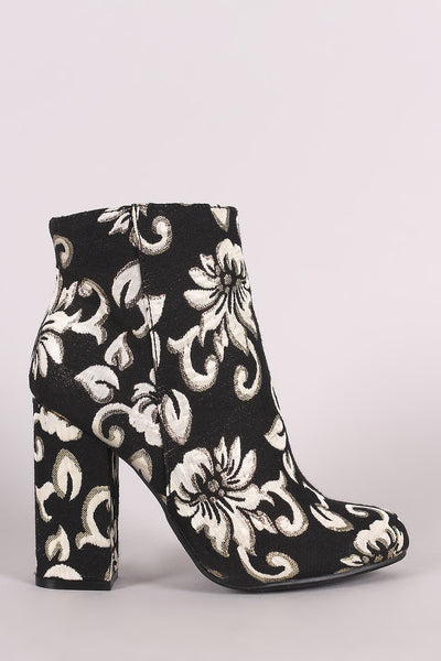 Bamboo Two Tone Floral Accent Chunky Heeled Booties
