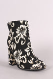 Bamboo Two Tone Floral Accent Chunky Heeled Booties