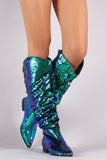 Slouchy Holographic Sequin Pointy Toe Western Knee High Boots