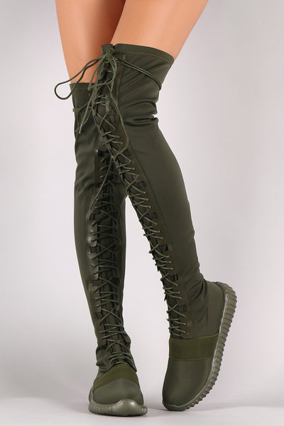 Elastane Lace Up Over-The-Knee Sneaker Boots