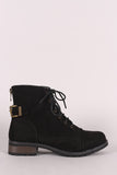 Bamboo Suede Buckled Lace-Up Combat Ankle Boots