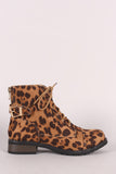 Bamboo Leopard Buckled Lace-Up Combat Ankle Boots