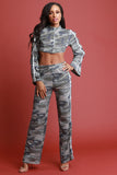 Camouflage Snap Button O-Ring Zip Up Crop Top
