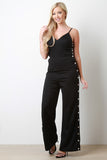 V-Neck Snap Buttons Flared Legs Jumpsuit