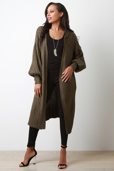 Ribbed Sweater Knit Open Front Longline Cardigan