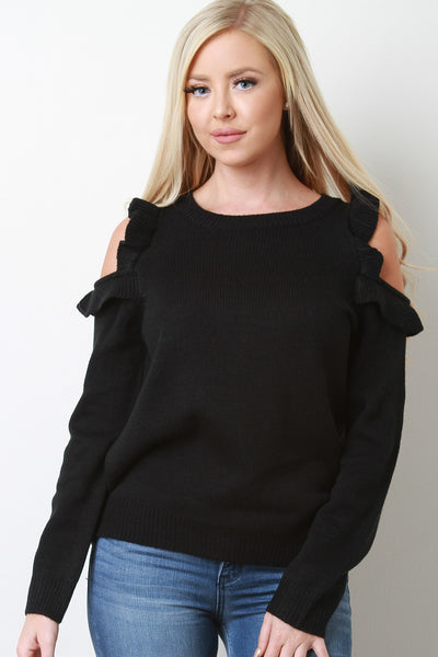 Ruffled Cold Shoulder Ribbed Knit Sweater Top