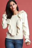 Ruffled Trumpet Sleeve Ribbed Knit Sweater Top