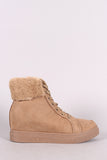 Bamboo Suede Fur Cuff Lace-Up High Top Wedge Sneaker