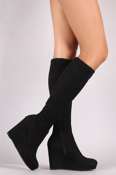 Bamboo Stretched Suede Knee High Wedge Boots