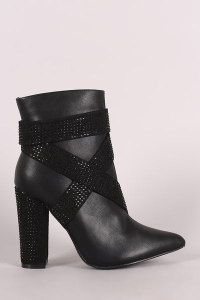 Strappy Rhinestone Accent Chunky Heeled Ankle Boots
