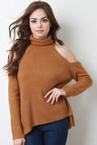 Rib Knit Cold Shoulder Turtleneck Sweater Top
