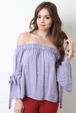 Striped Off-The-Shoulder Bow-Tie Bell Sleeves Blouse Top