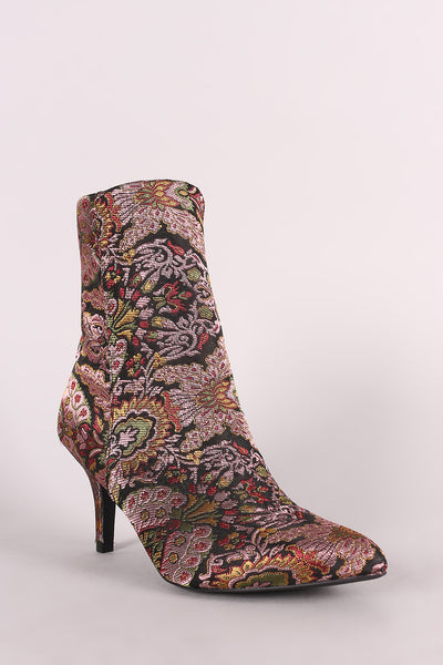 Qupid Floral Brocade Kitten Heeled Ankle Boots