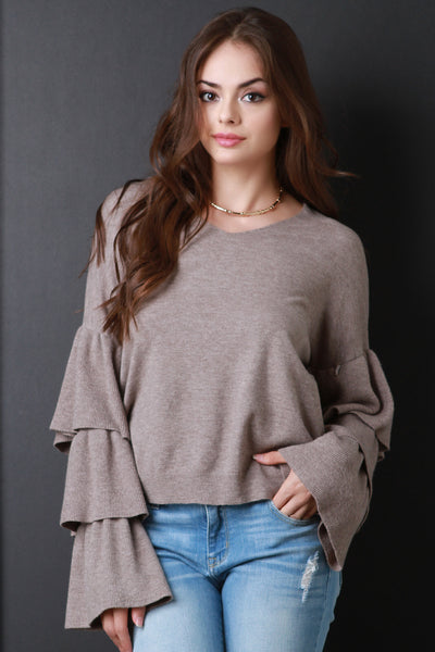 Tiered Ruffle Sleeves Sweater Knit Top