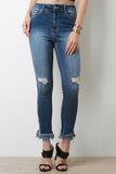 Side Foil Distressed Frayed High Rise Denim Jeans