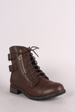 Bamboo Buckle And Zipper Trim Lace-Up Combat Ankle Boots