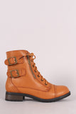 Bamboo Buckle And Zipper Trim Lace-Up Combat Ankle Boots