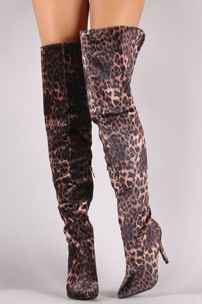 Anne Michelle Velvet Leopard Pointy Toe Stiletto Over-The-Knee Boots