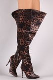 Anne Michelle Velvet Leopard Pointy Toe Stiletto Over-The-Knee Boots