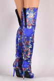 Anne Michelle Floral Pointy Toe Slit Stiletto Over-The-Knee Boots