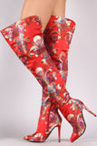 Anne Michelle Floral Pointy Toe Slit Stiletto Over-The-Knee Boots