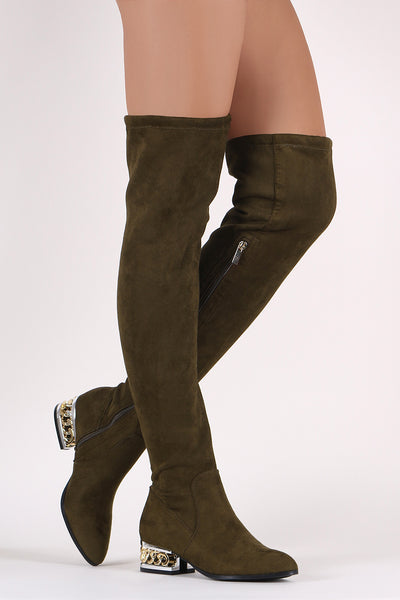 Bamboo Suede Chained Embellished Heeled OTK Boots