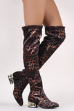 Bamboo Leopard Velvet Chained Embellished Heeled OTK Boots