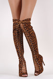 Leopard Suede Peep Toe Lace Up Stiletto Over-The-Knee Boots