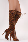 Leopard Suede Peep Toe Lace Up Stiletto Over-The-Knee Boots