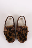 Leopard Faux Fur Animal Ear Slip-On Moccasin Flat