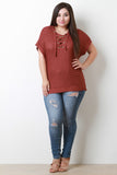 Loose Knit Lace-Up Short Sleeves Sweater Top
