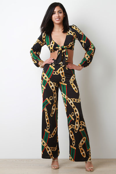 Chain Print Self-Tie Top With Wide Leg Pants Set