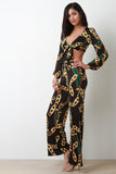 Chain Print Self-Tie Top With Wide Leg Pants Set