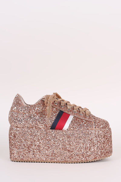 Glitter-Encrusted Stripe Lace-Up Flatform Sneaker