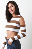 Stripe Ribbed Knit One Cold Shoulder Crop Top
