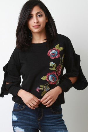 Floral Embroidered Open Ruffled Sleeve Top
