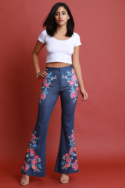 Mixed Floral Print High Rise Bell Bottom Pants