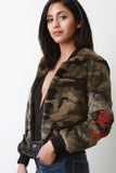 Embroidered Faux Fur Camouflage Bomber Jacket